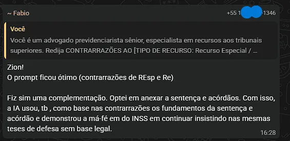 Mensagem real de usuário: Comentário sobre o prompt de contrarrazões.
